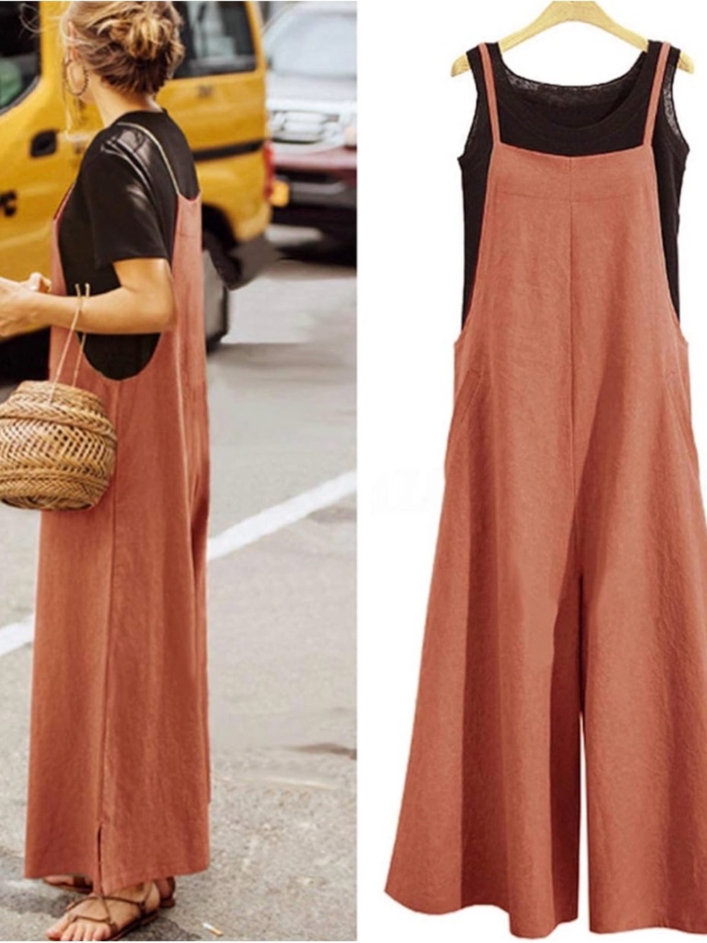 Women's Rust Wide-Leg Linen Jumpsuit